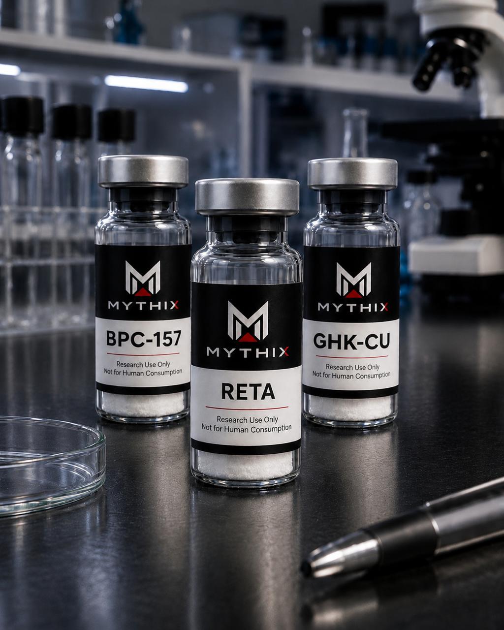 MYTHIX BPC-157, Reta, and GHK-Cu research vials